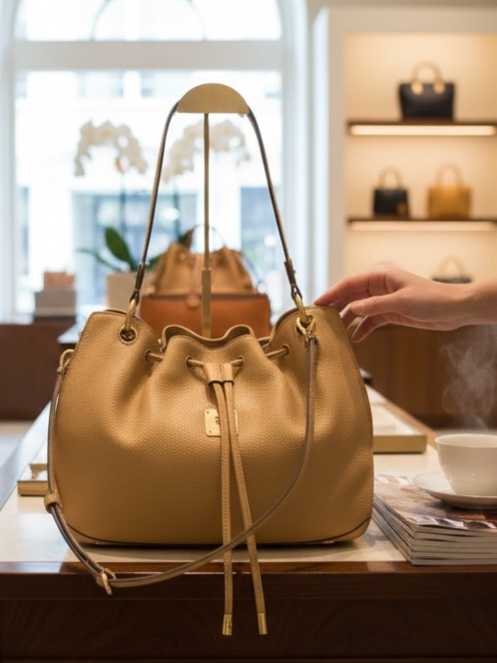 MCM Heritage tan leather Drawstring Bucket, shoulder slouchy Bag authentic EUC